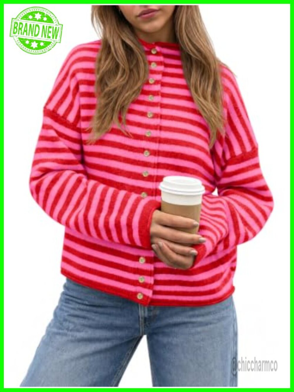 Womens Striped Cardigan Sweaters Mock Neck Button Down Fall Top
